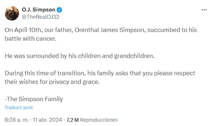 La familia dio a conocer la muerte de Simpson en un comunicado de X (antes Twitter)