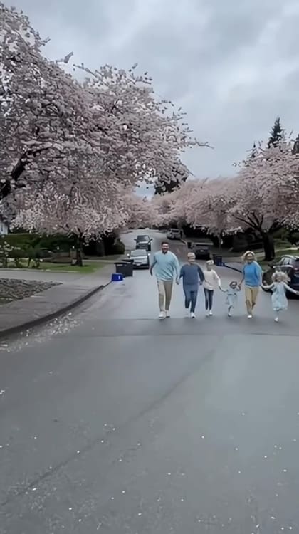 La familia Lopilato-Bublé posó en la calle de su barrio, decorada con cerezos en flor
