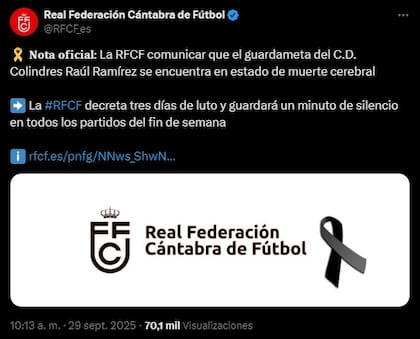 La Federación Cántabra de Fútbol anunció tres días de luto por la muerte de Ramírez