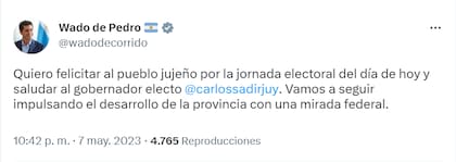 La felicitación de Eduardo "Wado" de Pedro al nuevo gobernador electo de Jujuy Carlos Sadir