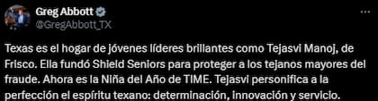 La felicitación de Greg Abbot para Tejasvi Manoj