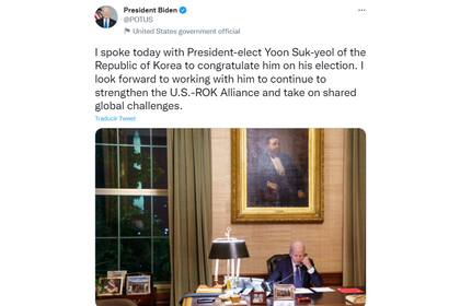 La felicitación de Joe Biden a Yoon Suk-yeol en Twitter