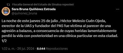 La FGR ha descartado la versión de la Fiscalía General del Estado de Sinaloa sobre la muerte de Héctor Melesio Cuén Ojeda
