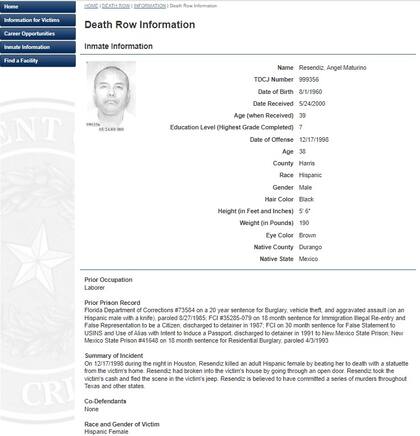 La ficha de admisión de Ángel Maturino Reséndez en el corredor de la muerte, en Texas