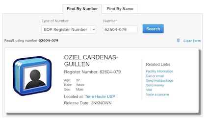 La ficha de Osiel Cárdenas en el BOP muestra la fecha de liberación como "desconocido"