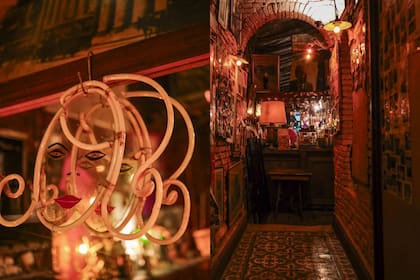 La figura de neón de "la dama de Bollini" y el pasillo de entrada del bar