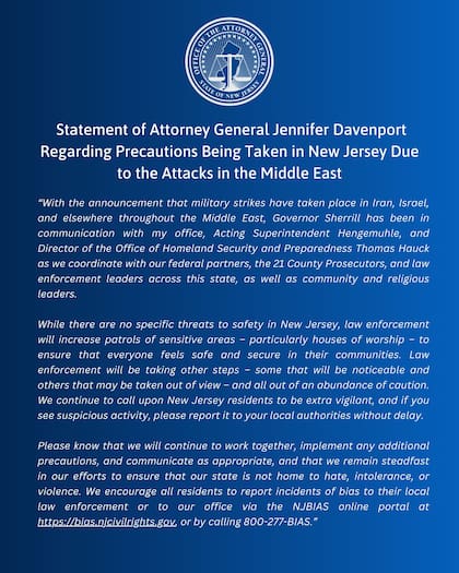 La fiscal general de Nueva Jersey le pidió a la ciudadanía reportar cualquier tipo de conducta sospechosa en los próximos días