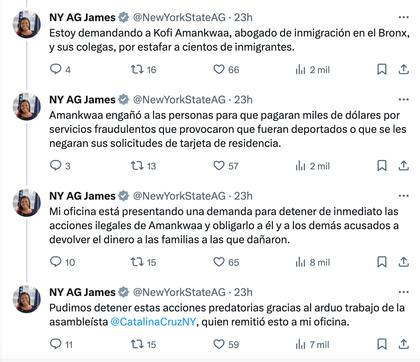 La fiscal general de Nueva York, Letitia James, presentó una demanda contra los abogados