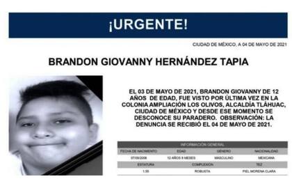 La Fiscala de CDMX emiti una alerta Amber por la desaparicin de Brandon Giovanny