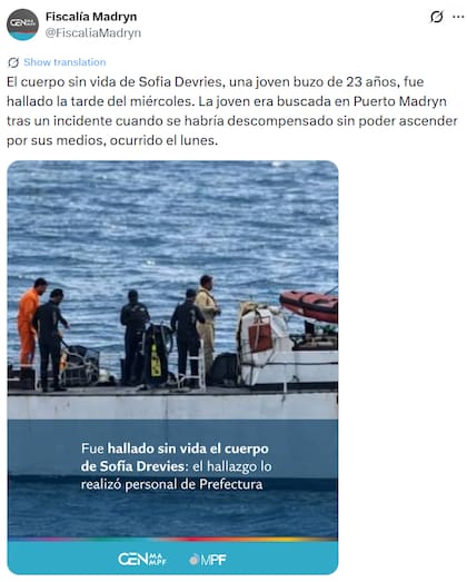 La Fiscalía de Madryn confirmó el hallazgo del cuerpo de Sofía Devries (X: @FiscaliaMadryn)
