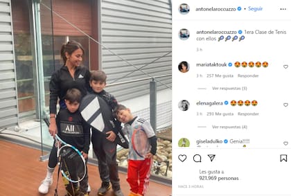 La foto de Antonela Roccuzzo junto a sus hijos tras una clase de tenis
