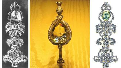 La foto de la izquierda, tomada entre 1870 y 1900, muestra al Florentino formando parte de un adorno de gorro. En el centro, una reproducción creada por Penko Bottega Orafa, con su montura en forma de serpiente. A la derecha, otra reproducción