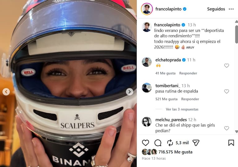 La foto de Maia Reficco con el casco en la publicación de Franco Colapinto