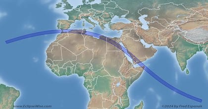 La franja de totalidad cruzará diez países, entre ellos España, Egipto y Arabia Saudita