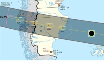 La Franja en la que se observará el eclipse del 2 de octubre en Santa Cruz.