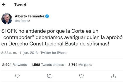La frase que leyó Eduardo Feinmann resultó ser de un tuit que Alberto Fernández publicó en junio de 2013