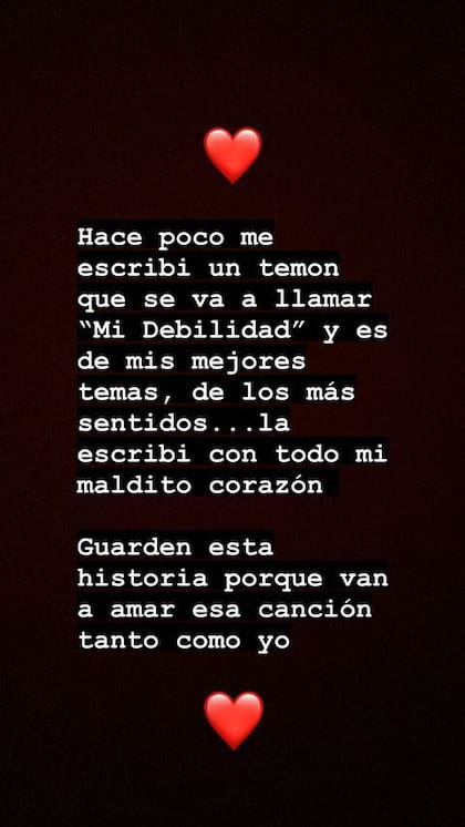 La frase que publicó María Becerra en Instagram forma parte del estribillo de su nuevo tema "Mi debilidad"