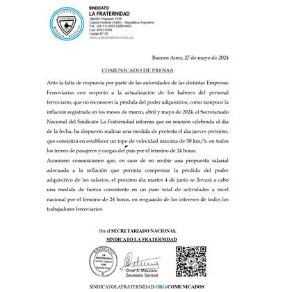 La Fraternidad comunicó que habrá una protesta en los trenes este jueves y amenazó con un paro