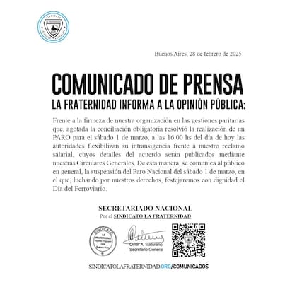 La Fraternidad comunicó que se levanta el paro del sábado 1 de marzo