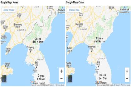 La frontera norte de Corea del Norte se ve difusa cuando se observa por medio de Google Maps China. Crédito: Simon Weckert