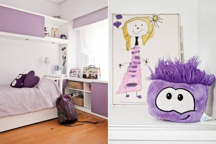 La gama de los violetas domina este cuarto, invitando al relax absoluto. Arriba de la cama, una biblioteca alzada con puerta corrediza y cenefa de iluminación por debajo. Bajo la ventana, otro mueble con estantes ofrece espacio de guardado extra