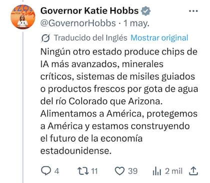 La gobernadora de Arizona detalló el nivel de producción que genera el estado