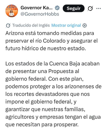 La gobernadora de Arizona, Katie Hobbs, presentó una propuesta ante el gobierno federal para preservar el río Colorado