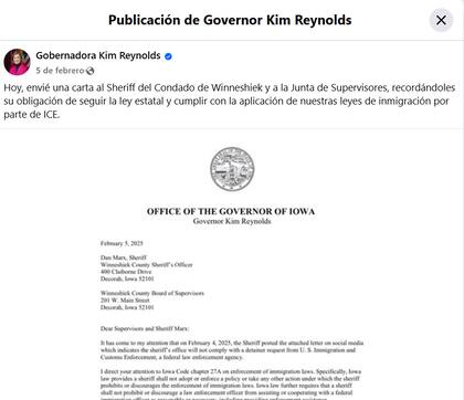 La gobernadora de Iowa se sumó al reclamo por la publicación del sheriff Marx