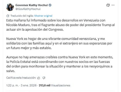 La gobernadora de Nueva York, Kathy Hochul, cuestionó la operación militar ejercida por Donald Trump para detener a Nicolás Maduro en Venezuela