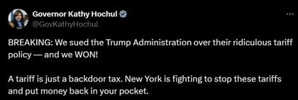 La gobernadora de Nueva York, Kathy Hochul, celebró el bloqueo a los aranceles de Donald Trump