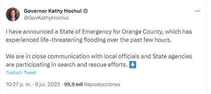 La gobernadora de Nueva York, Kathy Hochul, decretó el estado de emergencia en el condado de Orange y horas después en el de Ontario
