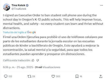 La gobernadora de Obregón, Tina Kotek firmó un orden ejecutiva para prohibir el uso de celulares en las aulas (X/@TinaKotek)