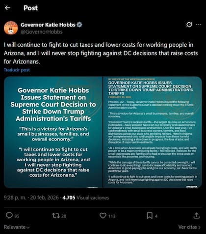 La gobernadora emitió un comunicado sobre los impuestos en Arizona tras la decisión de la Corte Suprema