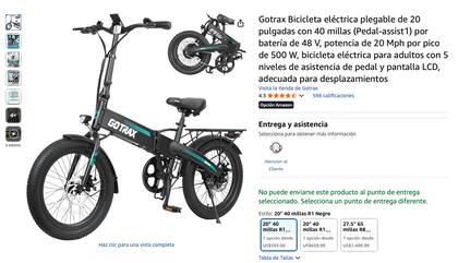 La Gotrax 20″ Folding Electric Bike se destaca como una de las opciones más económicas para repartos de comida, ya que tiene un precio inferior a 600 dólares