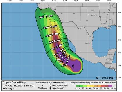 La gráfica muestra la posible trayectoria de Hillary en los siguientes días