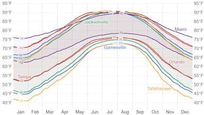 La gráfica muestra la variación de las temperaturas a lo largo del año en las ciudades de Miami, Jacksonville, Tampa, Gainesville, Tallahassee y Orlando