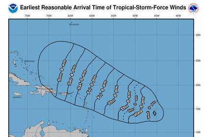 La gráfica muestra los tiempos estimados de llegada de los vientos generados por la tormenta Lee