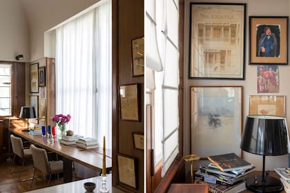 La gran mesa de pieza entera de incienso acompaña al ventanal; entre las obras de arte, Mónica exhibe con orgullo trabajos universitarios de su padre, que datan de 1936 o antes: dibujos a mano alzada de órdenes corintios, escaleras y frentes ediclicios