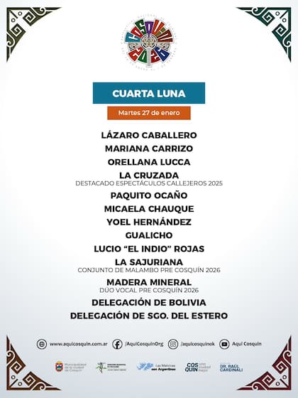 La grilla completa de la cuarta luna del Festival Nacional de Folklore Cosquín 2026