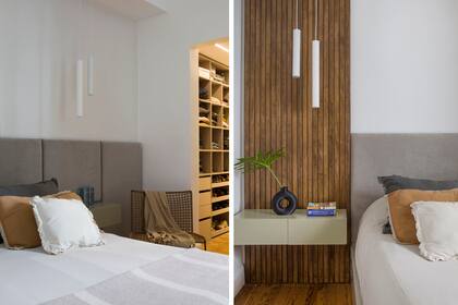 La habitación principal tiene respaldo de cama tapizado en pana, revestimiento lateral varillado y mesas de luz colgantes (todo de Aserrín Hace Ran). Luminarias (Paraná 201).