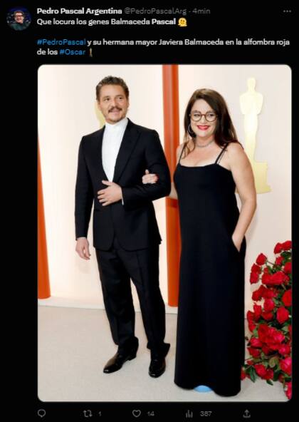 La hermana de Pedro Pascal lució un calzado celeste para la alfombra roja de los Oscar (Foto: Twitter)