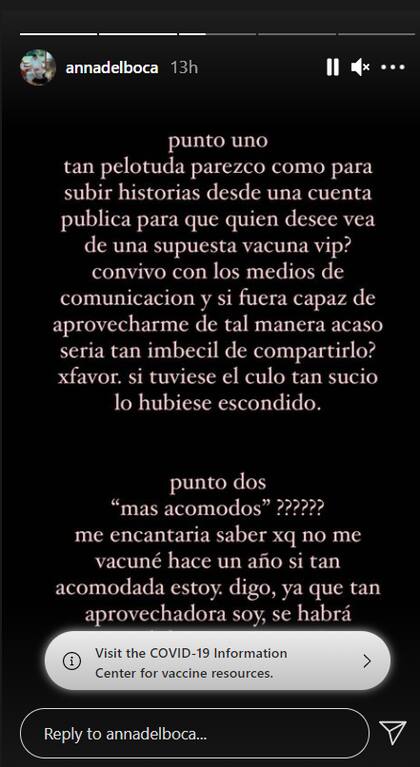 La hija de Andrea del Boca arremetió contra quienes la cuestionaron por recibir la monodosis de Cansino