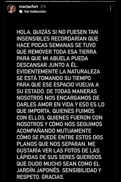 La hija de Ricardo Fort reaccionó luego de que se difundieran fotos de la tumba de su padre