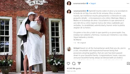 La hija de Susan Sarandon dio el si el sábado 29 de junio en Nueva York (Foto: captura Instagram/@Susansarandon)