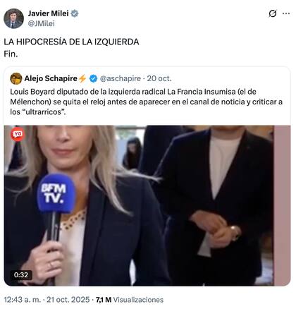 "La hipocresía de la izquierda. Fin", comentó Javier Milei sobre el episodio (Red social X)
