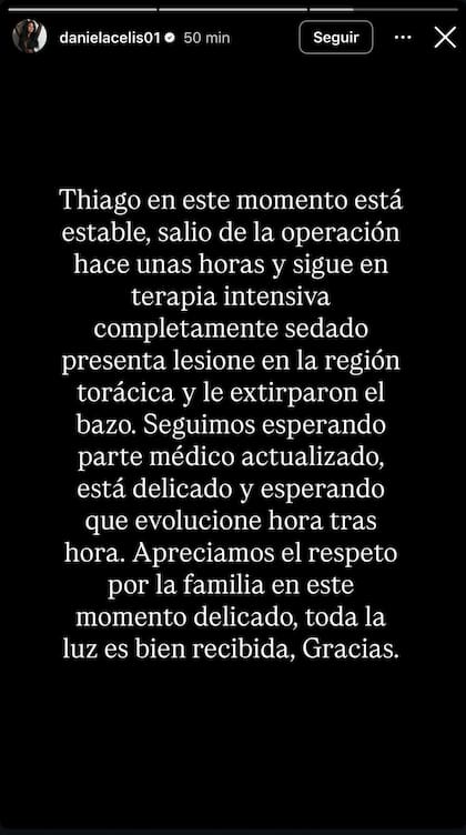 La historia de Daniela Celis sobre el estado de salud de Thiago Medina
