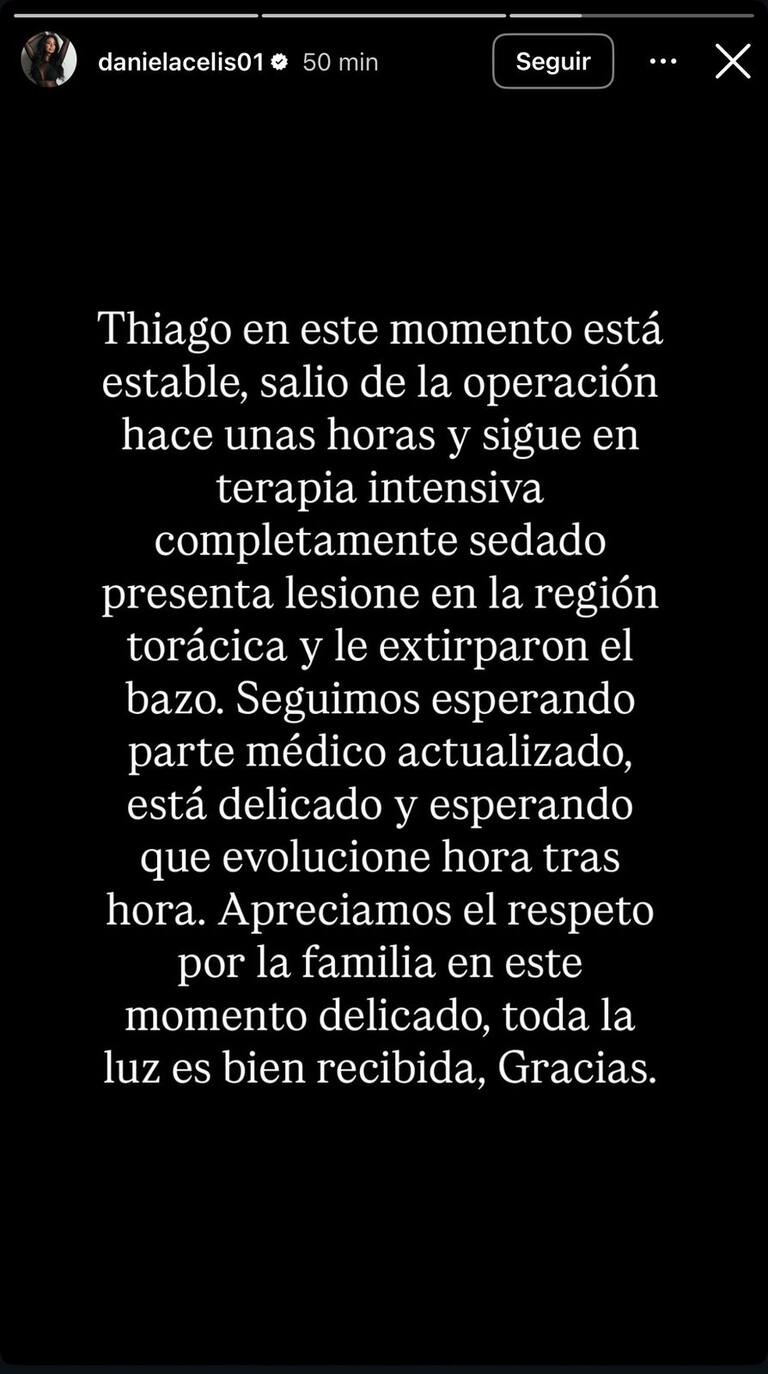 La historia de Daniela Celis sobre el estado de salud de Thiago Medina (Captura: Instagram @danielacelis01)