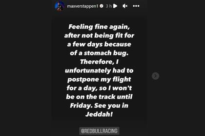 La historia de Instagram de Max Verstappen confirmando su malestar por un virus