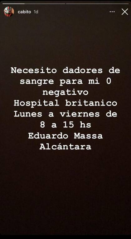 La historia de Instagram donde Cabito pidió dadores de sangre