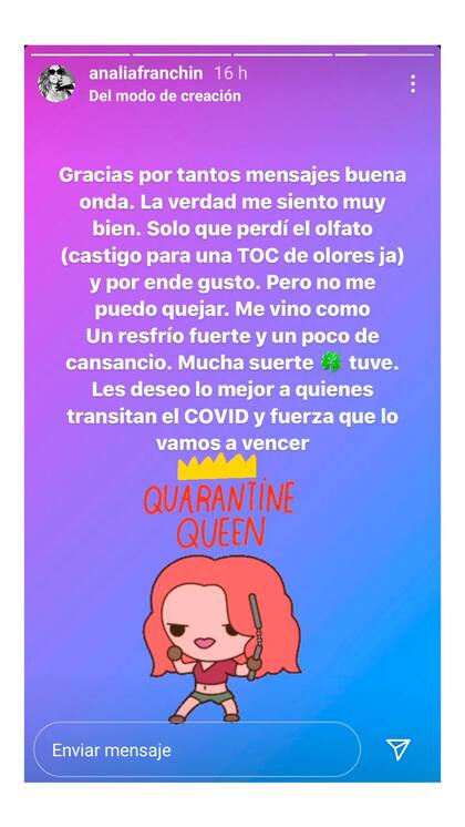 La historia de Instagram en la que Analía Franchín confirma su diagnóstico positivo.